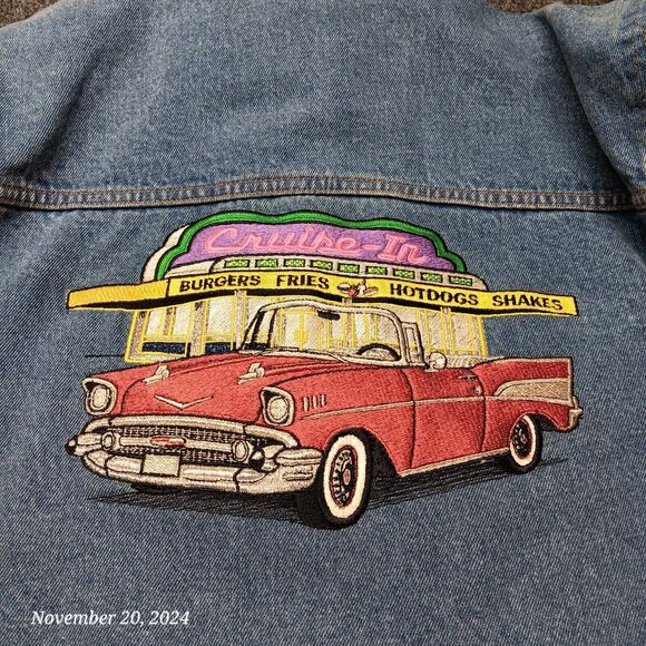 Vintage Car Embroidered Denim Bomber Jacket - Picture 2 of 7